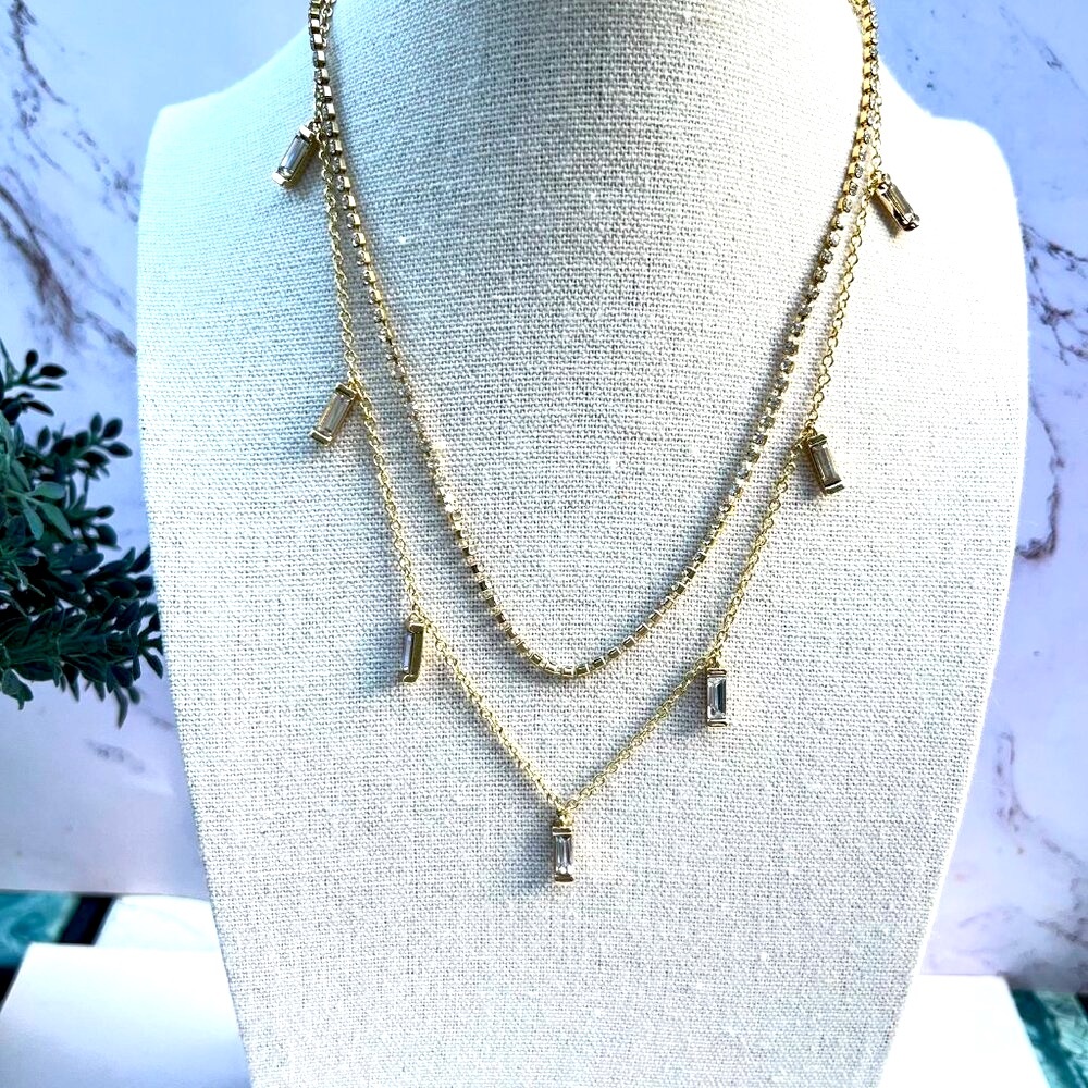 Elegant Dainty 2 Strand Gold Tone and Rhinestone Collar Necklace Minimalist